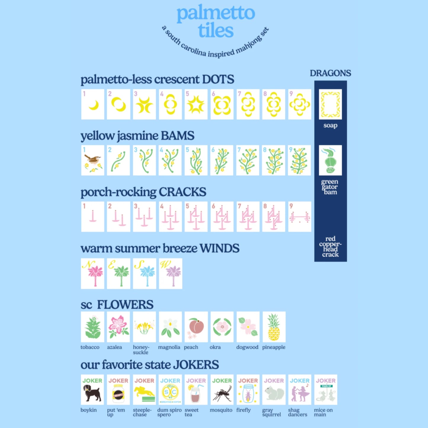 Middle & Main
Palmetto Tiles- A South Carolina Inspired Mahjong Set