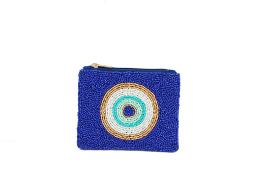 Ladies Fully Beaded Bulls Eye Blue Coin Purse