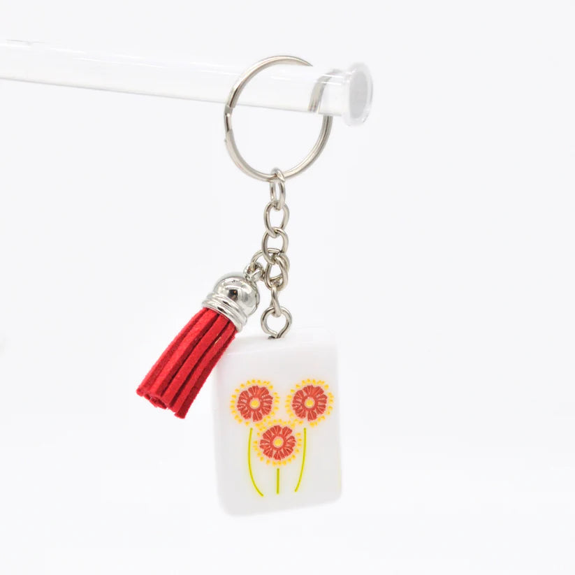 Mahjong Tile Keychain Red and Yellow Flower