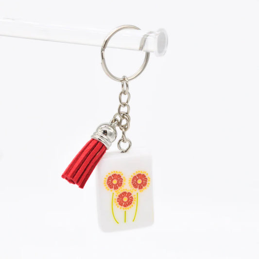 Mahjong Tile Keychain Red and Yellow Flower