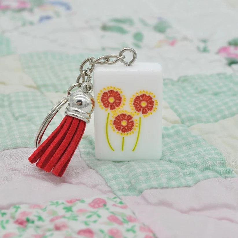 Mahjong Tile Keychain Red and Yellow Flower